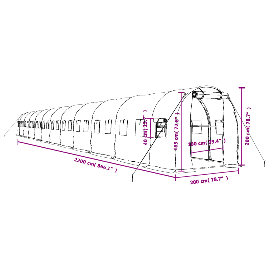 Fehér acélvázas melegház 44 m² 22x2x2 m