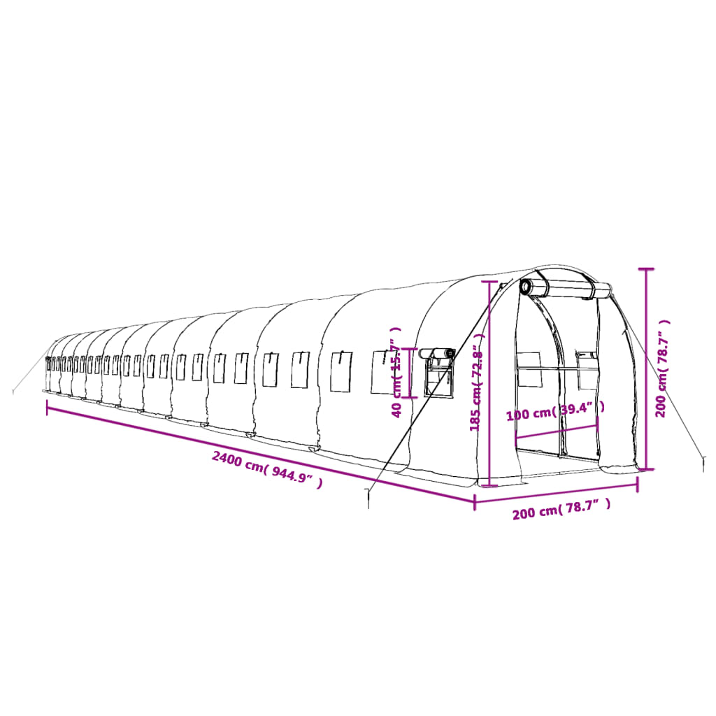 Fehér acélvázas melegház 48 m² 24 x 2 x 2 m