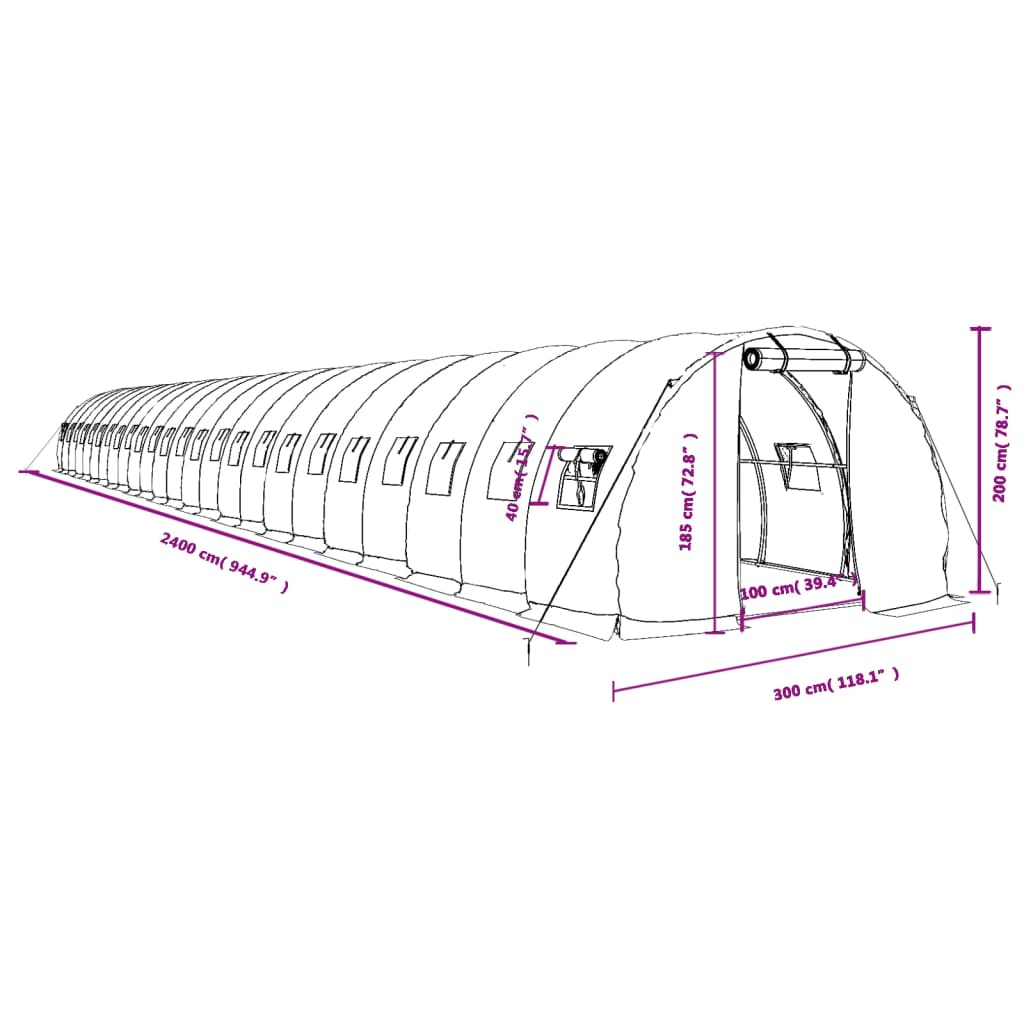 Fehér acélvázas melegház 72 m² 24 x 3 x 2 m