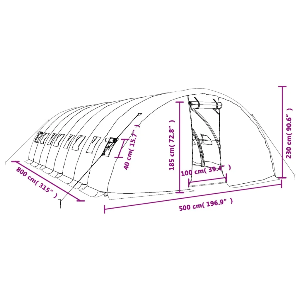 Zöld acélvázas melegház 40 m² 8 x 5 x 2,3 m