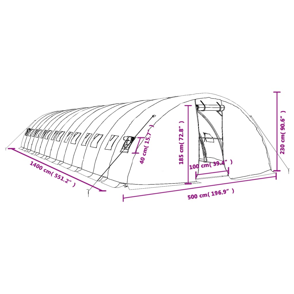 Zöld acélvázas melegház 70 m² 14 x 5 x 2,3 m