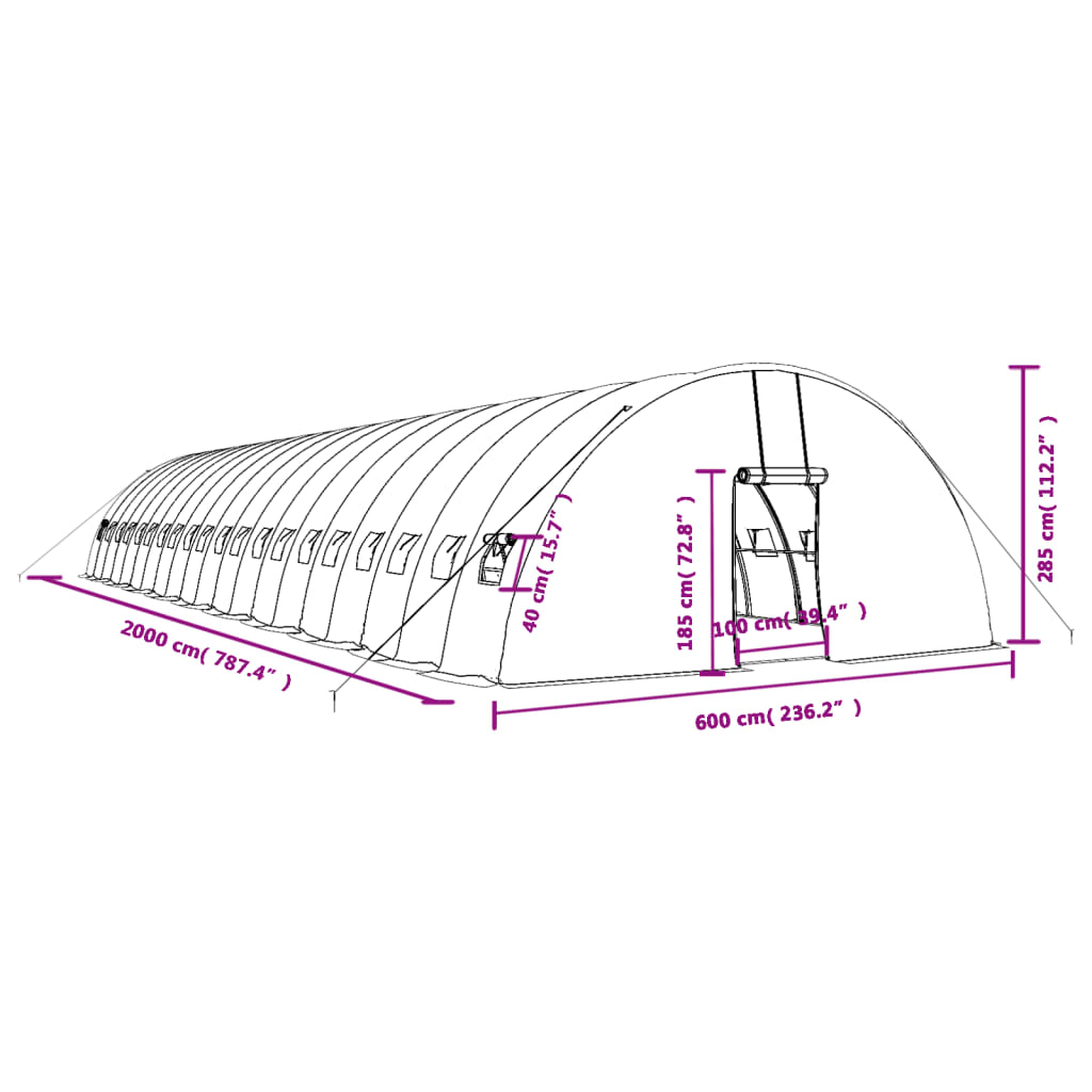 Zöld acélvázas melegház 120 m² 20 x 6 x 2,85 m