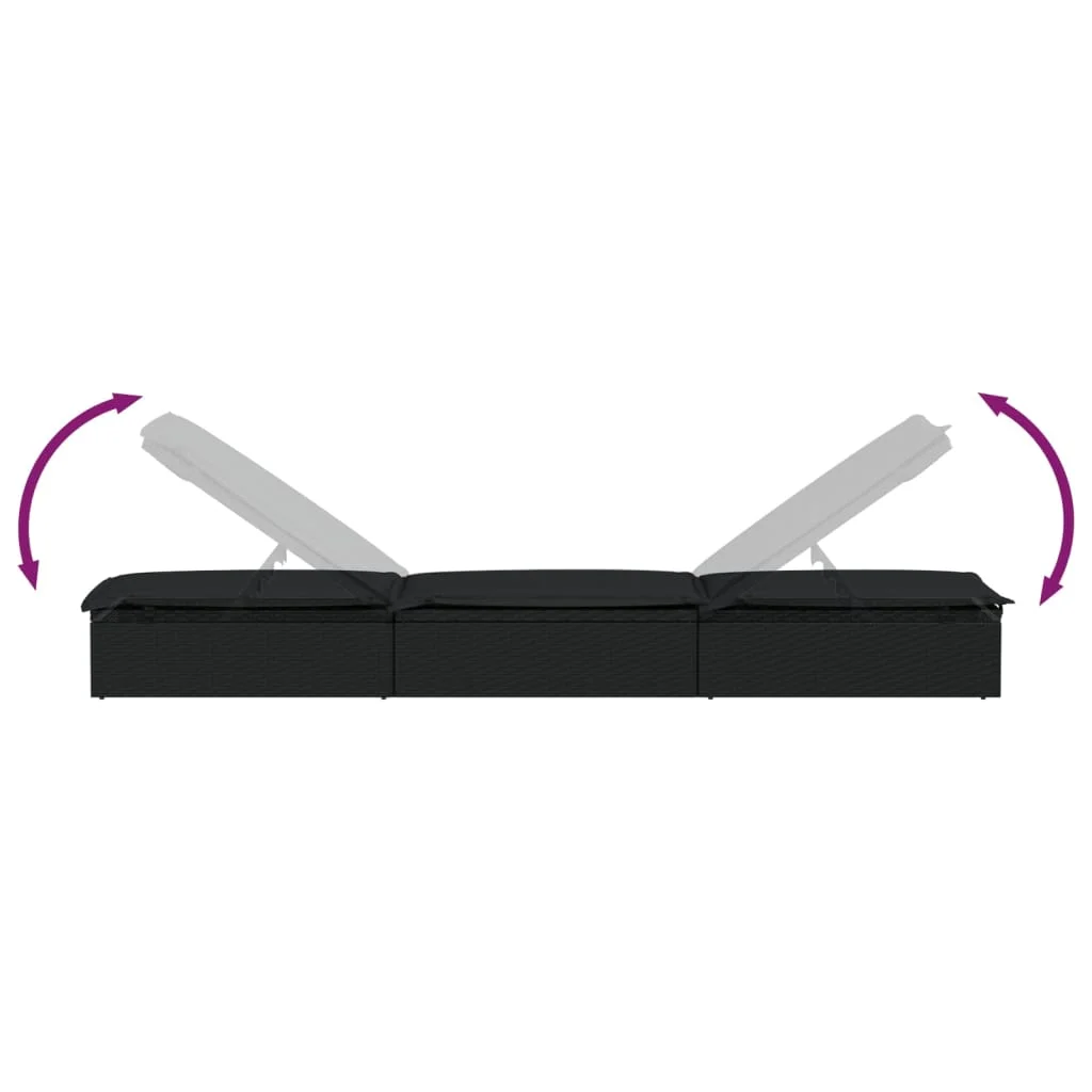 1 db fekete polyrattan napozóágy párnával 201 x 55 x 62 cm