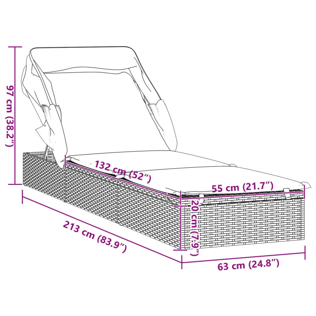 Barna polyrattan napozóágy összecsukható tetővel 213x63x97 cm