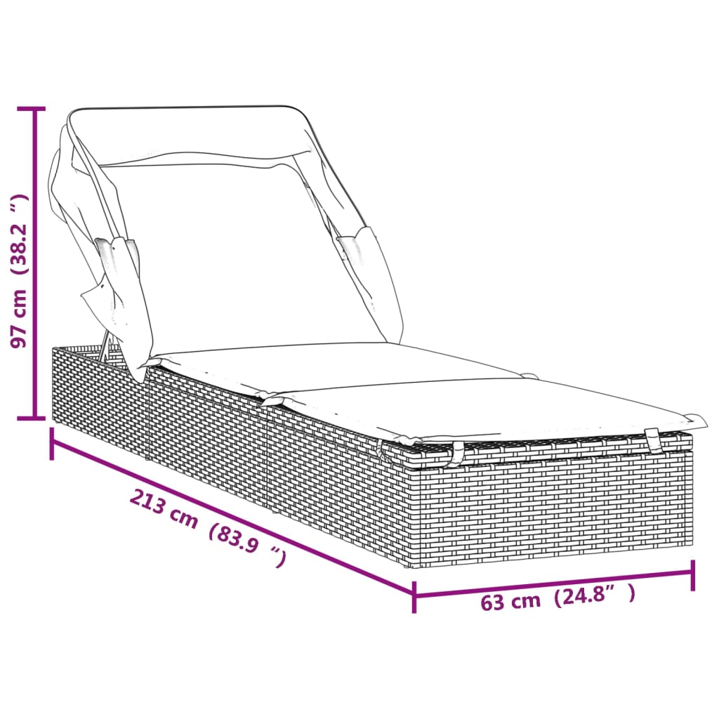 Szürke polyrattan napozóágy összecsukható tetővel 213x63x97 cm