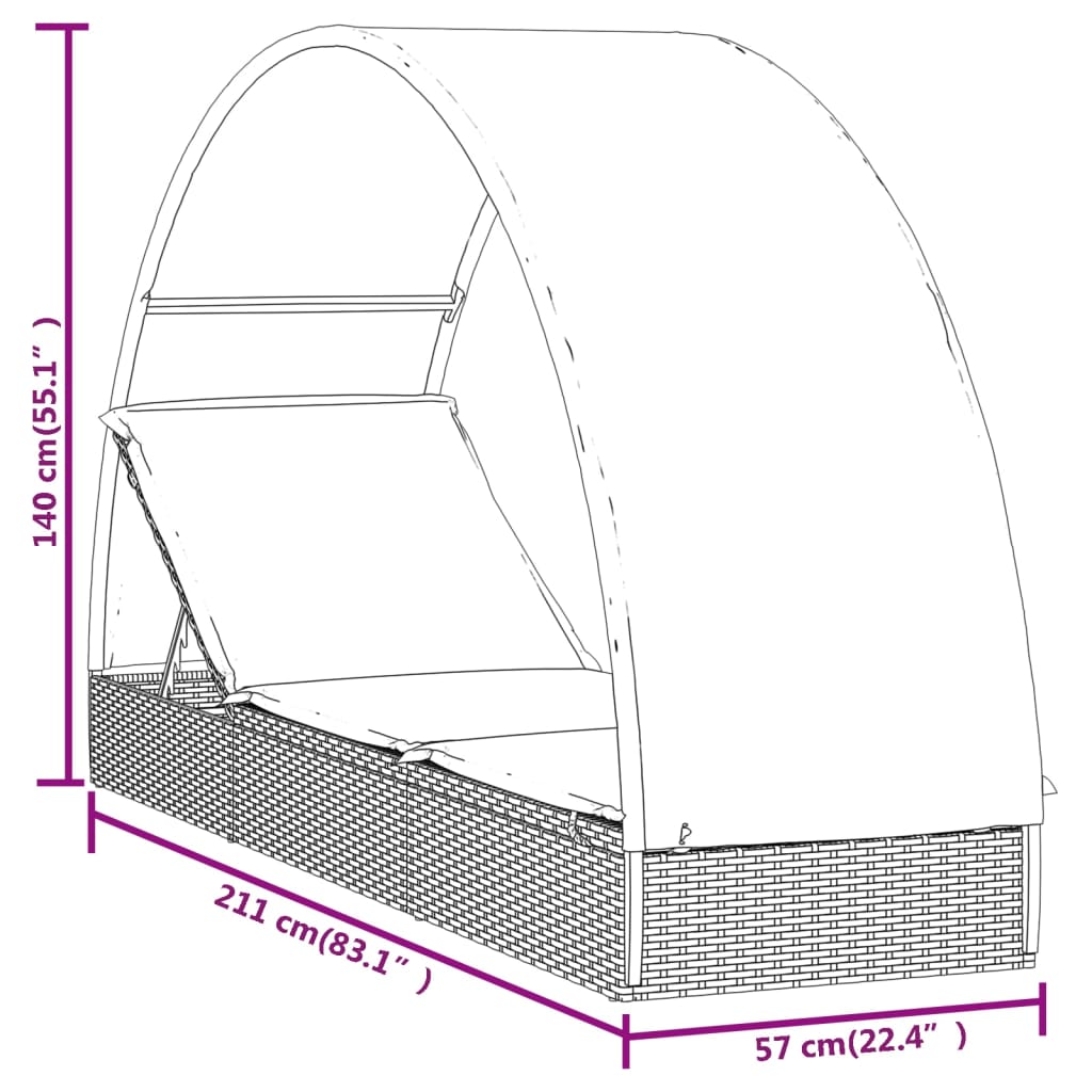 Szürke polyrattan napágy kerek tetővel 211 x 57 x 140 cm