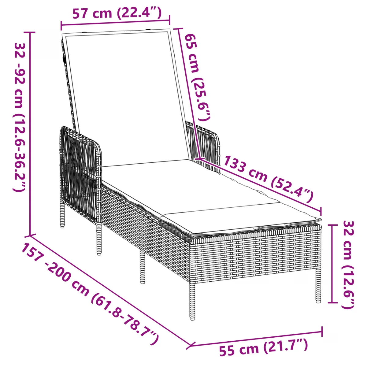 Napozóágy Szürke és sötét szürke PE Rattan 157 x 55 x 92 cm