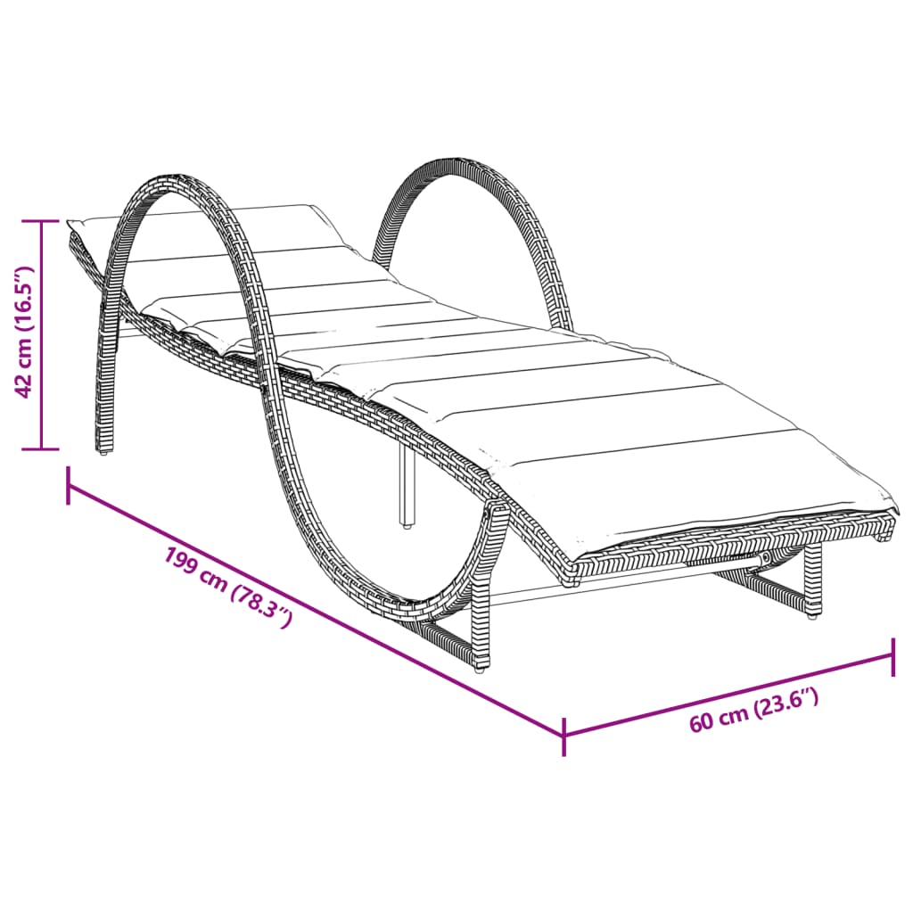 Fekete polyrattan napozóágy párnával 60 x 199 x 42 cm