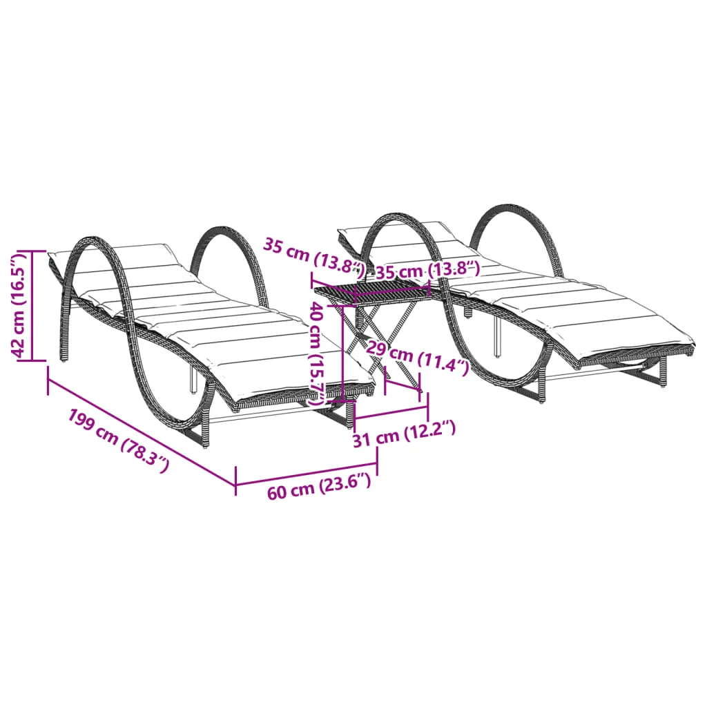 2 db barna polyrattan napozóágy asztallal