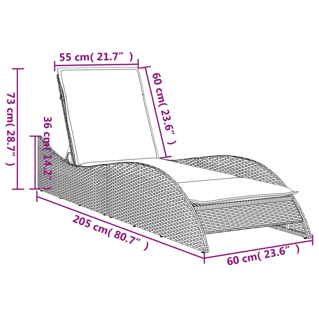 Szürke polyrattan napozóágy párnával 60x205x73 cm