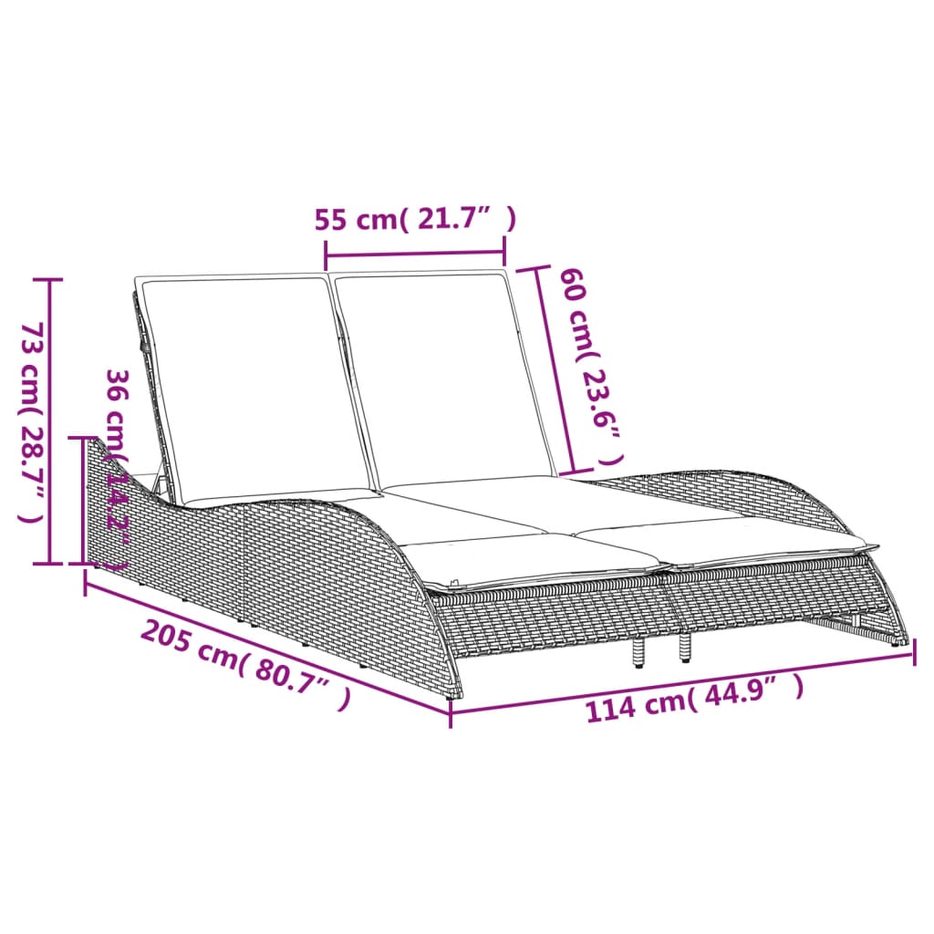 Szürke polyrattan napozóágy párnákkal 114x205x73 cm