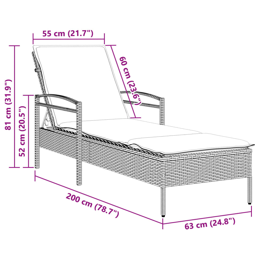 Fekete polyrattan napozóágy párnával 63x200x81 cm