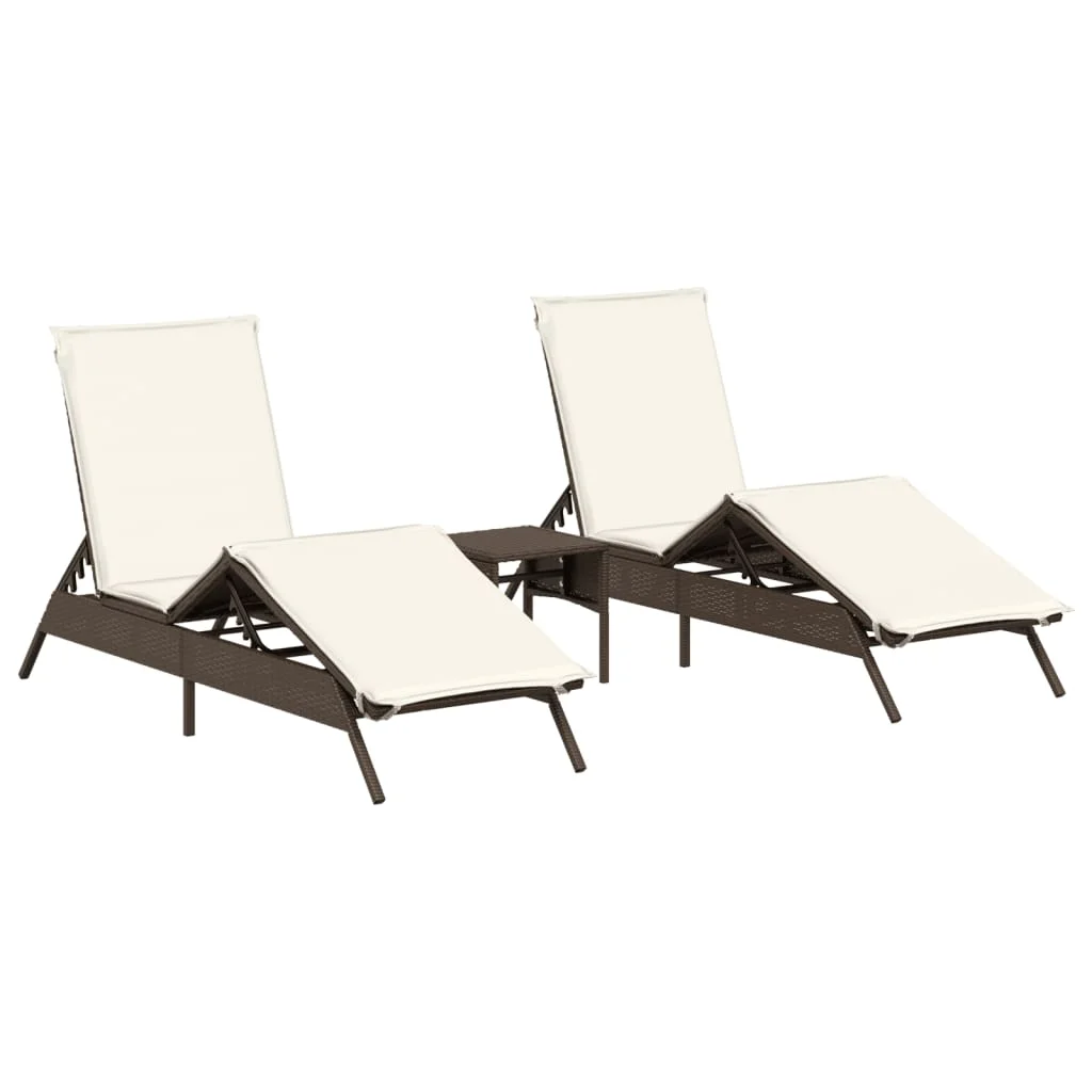 2 db barna polyrattan napozóágy asztallal