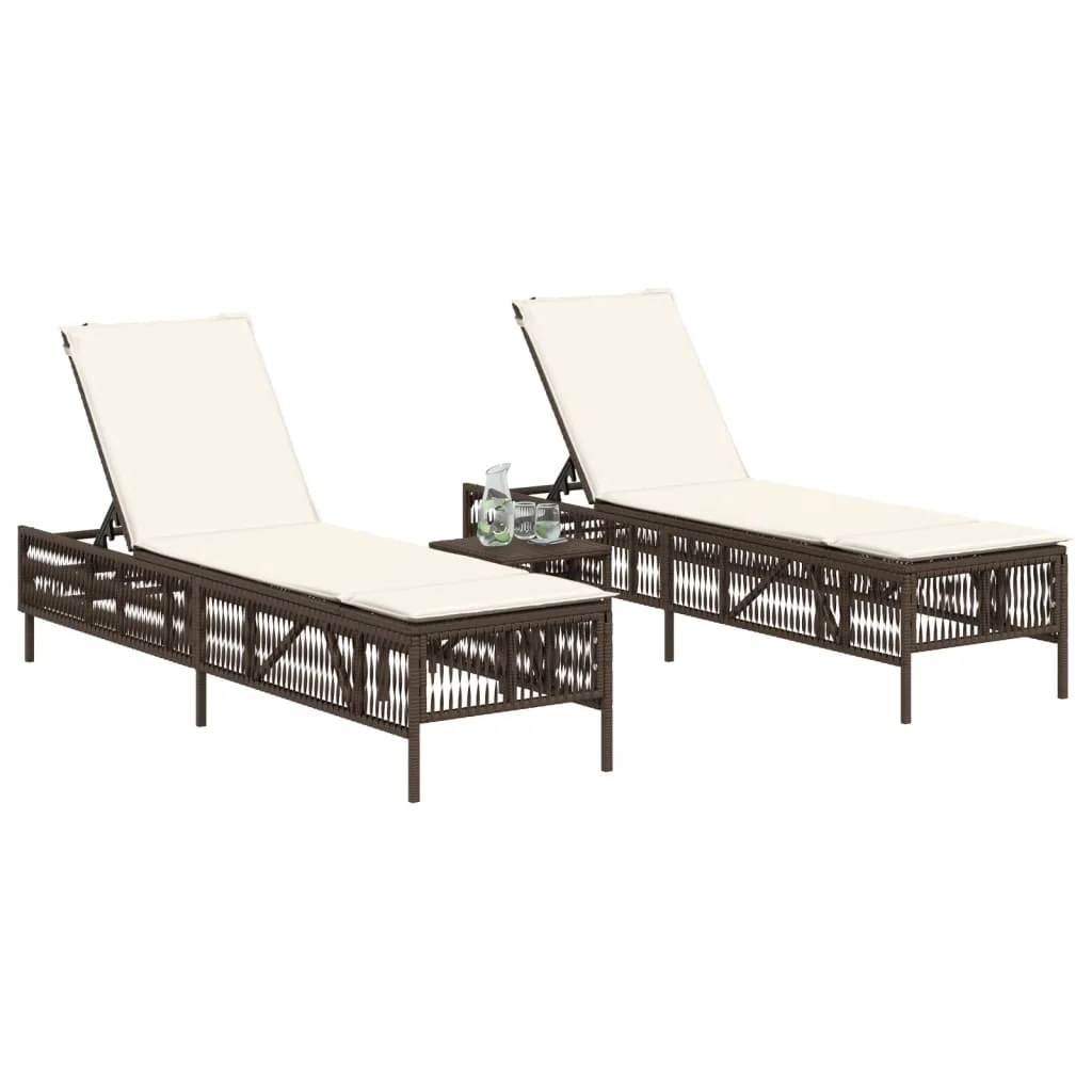 2 db barna polyrattan napozóágy asztallal
