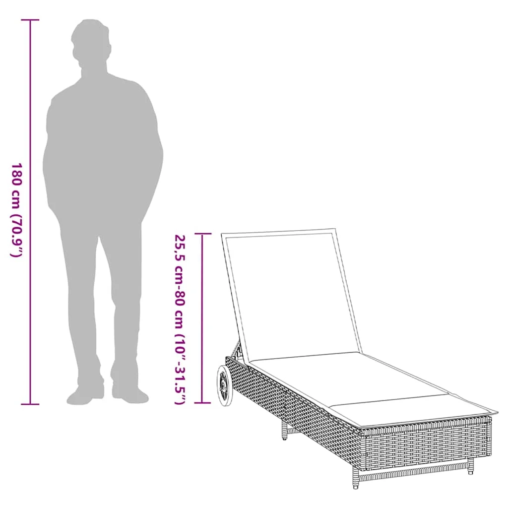 Szürke polyrattan napozóágy kerekekkel és párnával