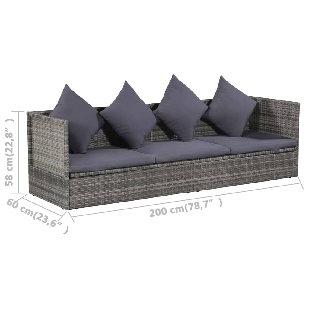 Szürke polyrattan kerti ágy 200 x 60 cm