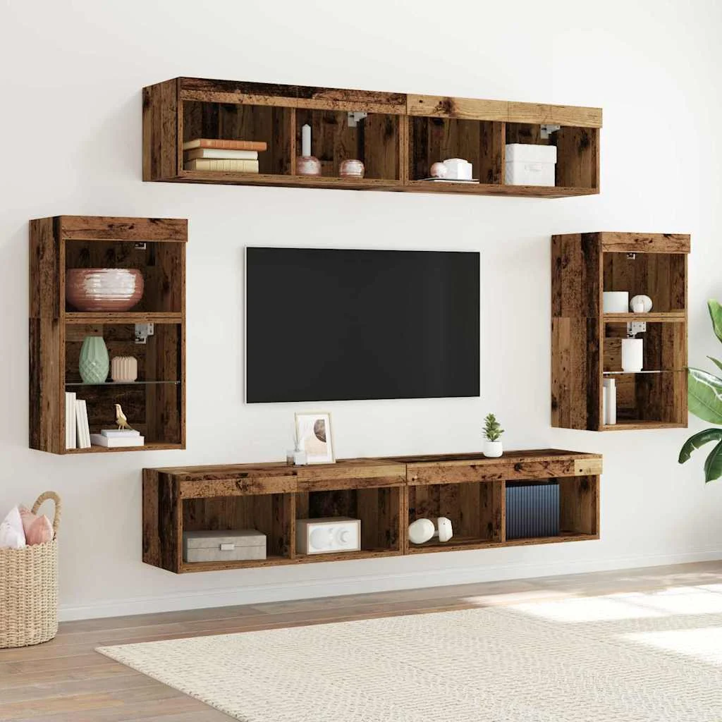 TV szekrény garnitúra LED -es lámpákkal 8 pcs Régi fa Faanyag