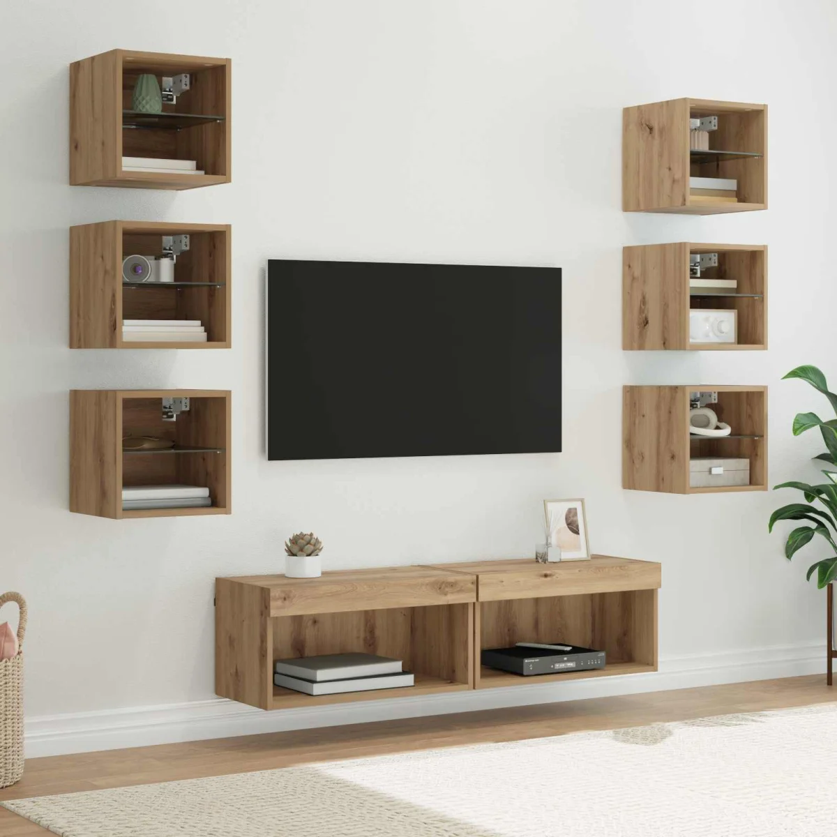 TV szekrény LED -es lámpákkal fiókkal 8 pcs Artisan tölgy Üveg