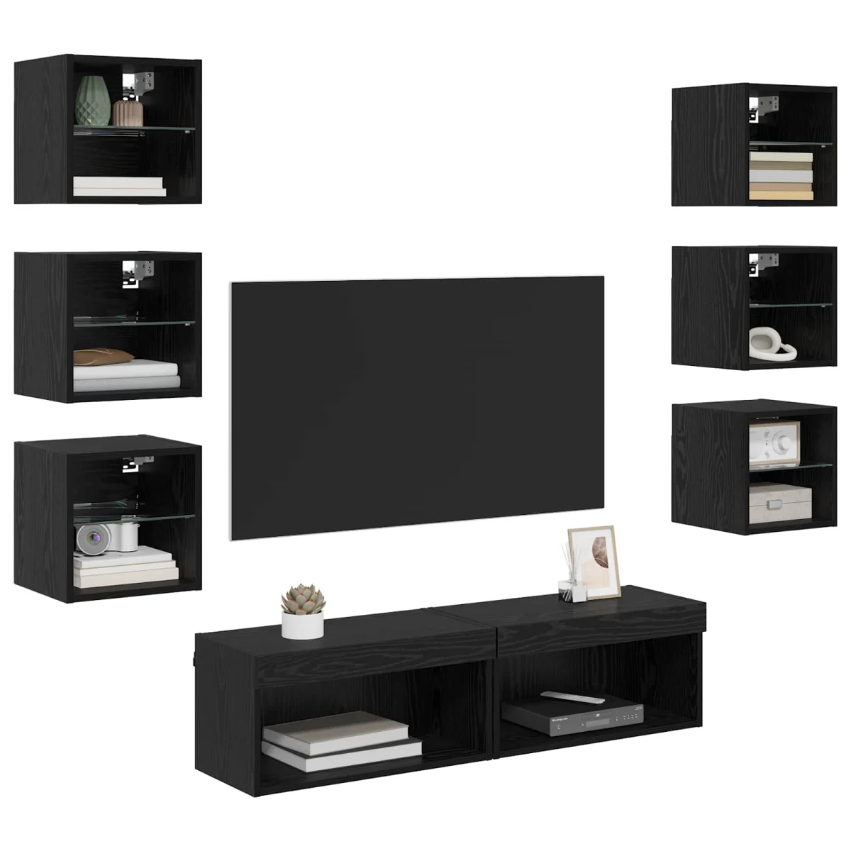 TV szekrény LED -es lámpákkal fiókkal 8 pcs Fekete tölgy Üveg