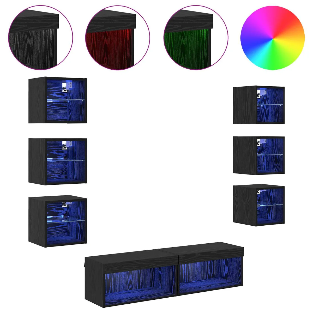 TV szekrény LED -es lámpákkal fiókkal 8 pcs Fekete tölgy Üveg