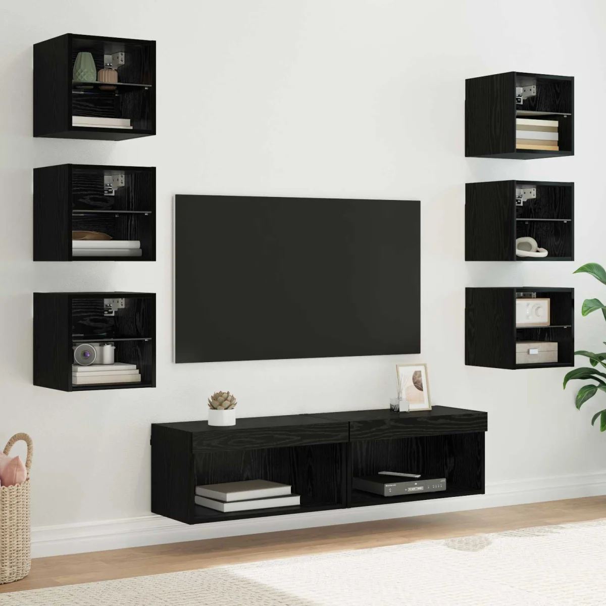 TV szekrény LED -es lámpákkal fiókkal 8 pcs Fekete tölgy Üveg