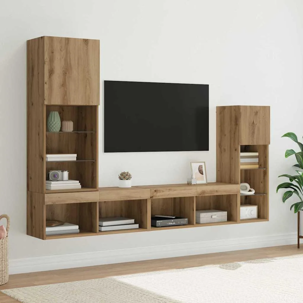 TV Fali Egységek LED -es lámpákkal 4 pcs Artisan tölgy Faanyag