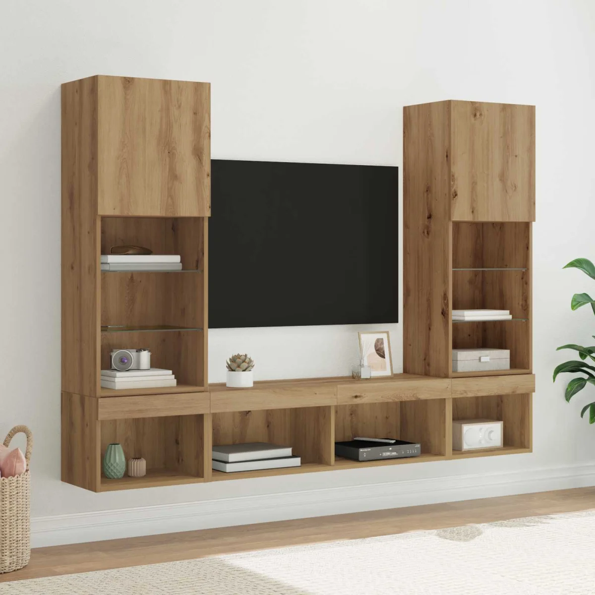 TV Fali Egységek LED-del leddel 5 pcs Artisan tölgy Faanyag