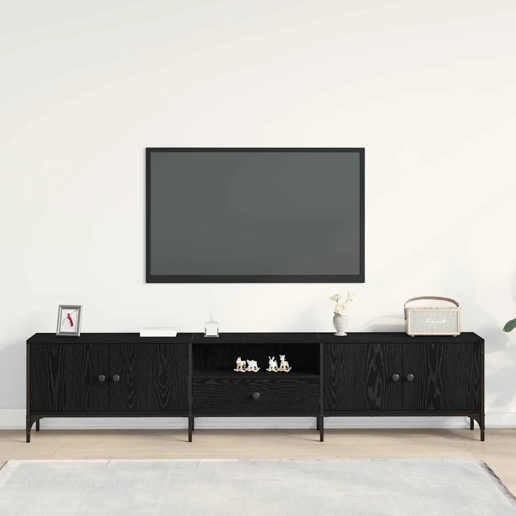 TV Szekrény Fiókkal Fekete Tölgy 200x25x44 cm Egyesített Fa