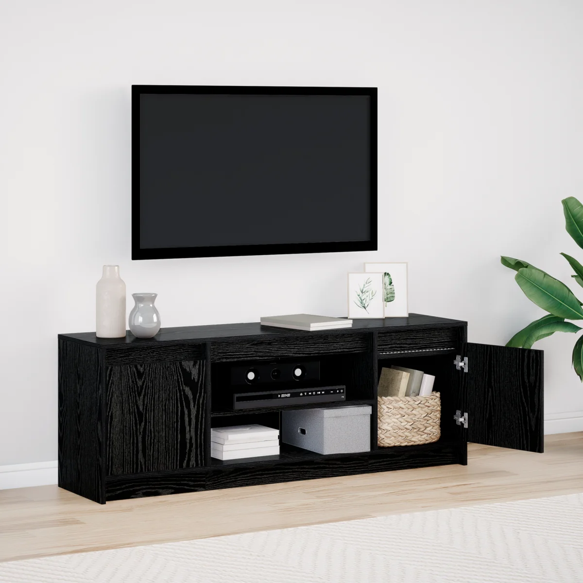 TV Szekrény LED Fekete Kőrisből, 139.5x34x50 cm, Mérnöki Fa Anyagból