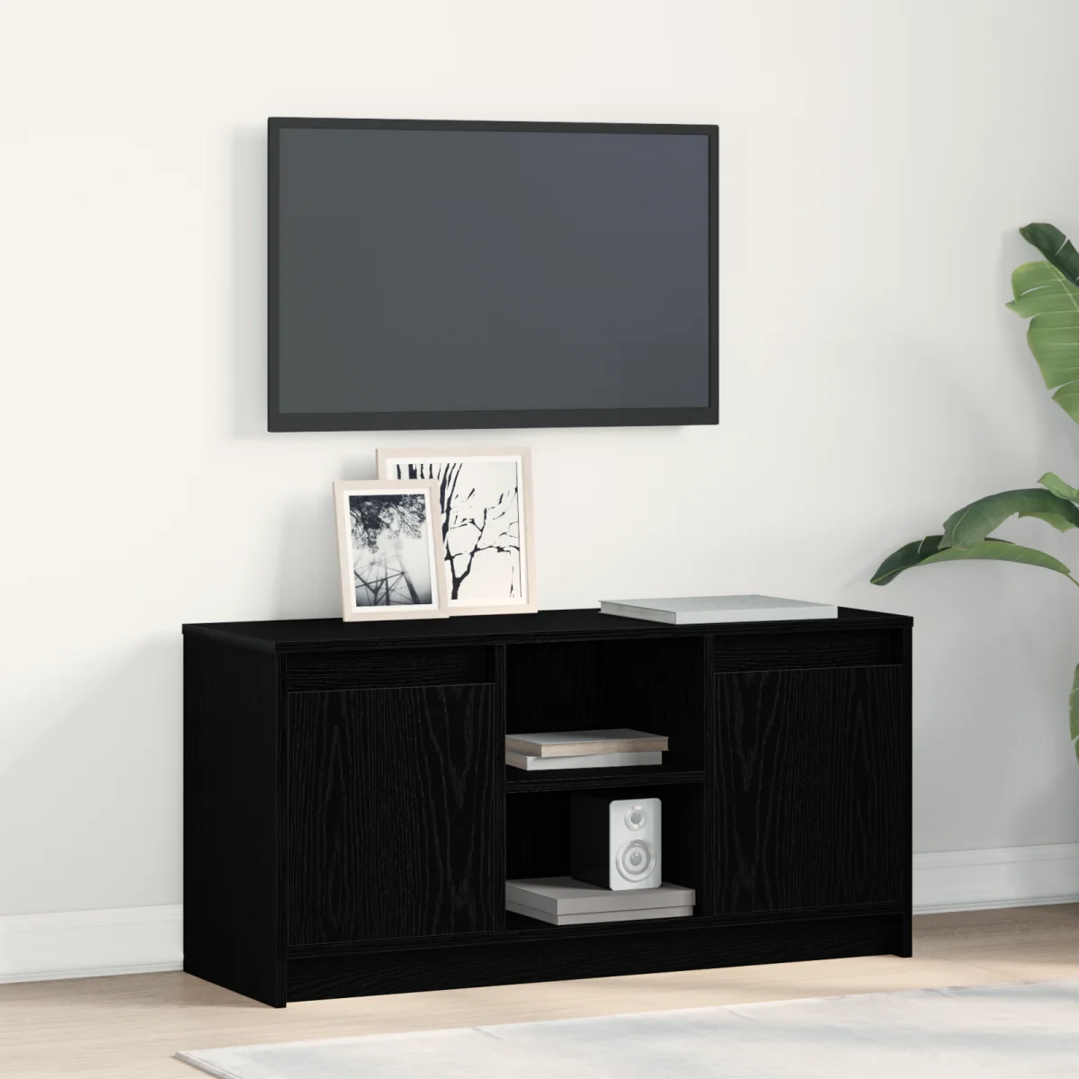 TV Szekrény LED Fénytartalmazó Fekete Rackkel, 100x34x50 cm, Műmászott Fából készült