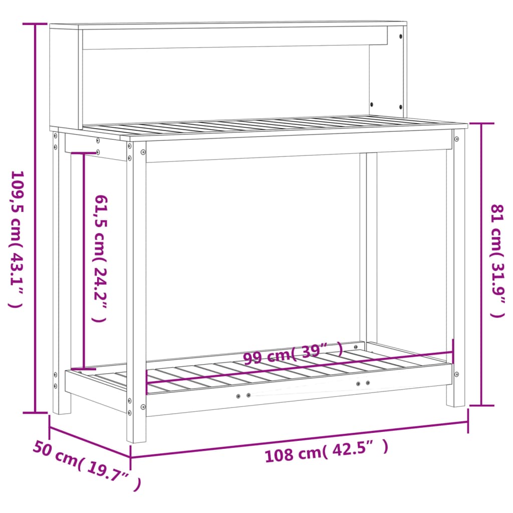 Fehér tömör fenyőfa ültetőasztal polccal 108 x 50 x 109,5 cm