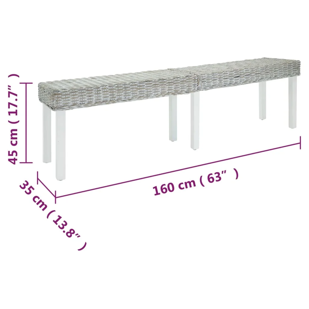 Fehér natúr kubu rattan és tömör mahagóni fa pad 160 x 35 x 45 cm