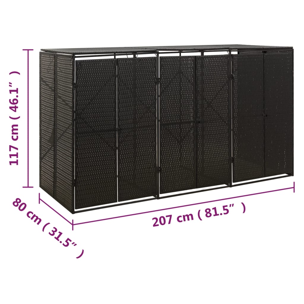 Fekete polyrattan hármas kerekeskuka tárolófészer 207x80x117 cm