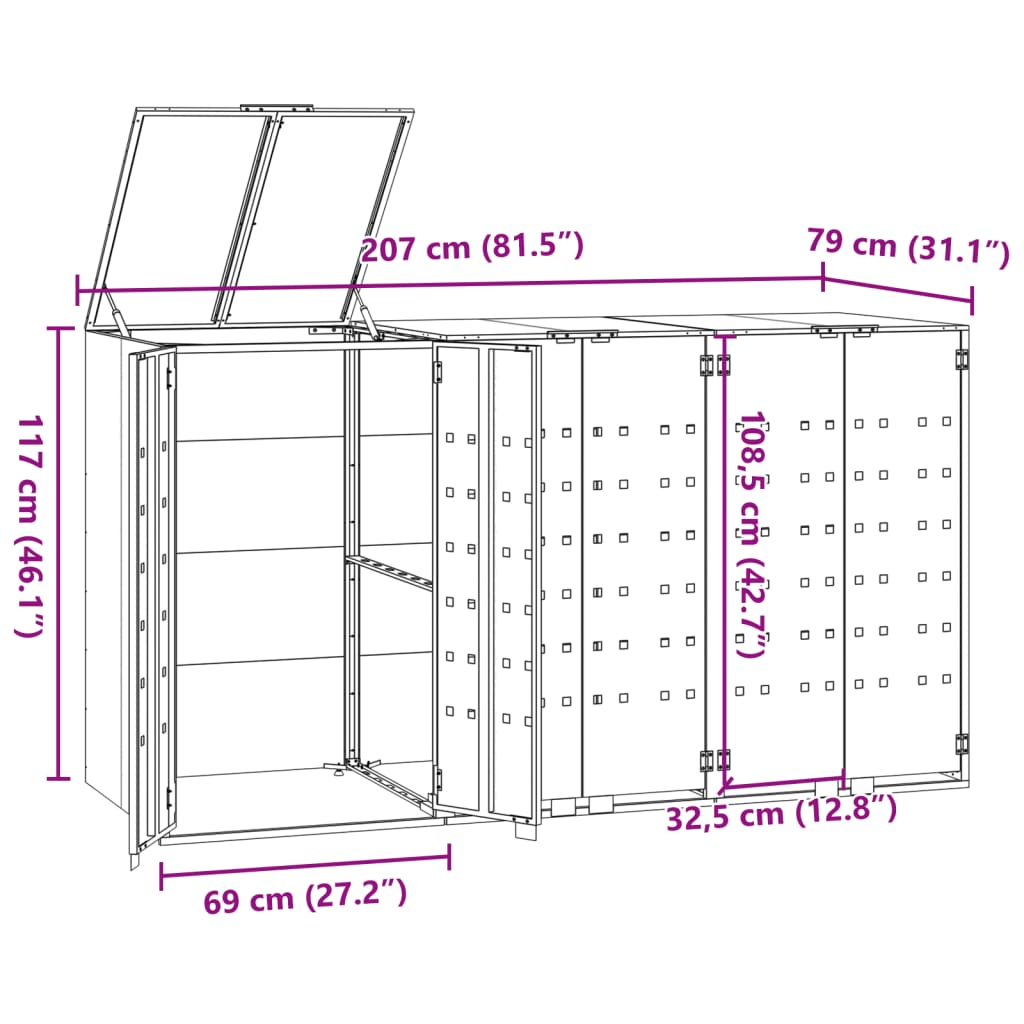 Fekete acél kerekes tároló 3 szemeteskukához 207 x 79 x 117 cm