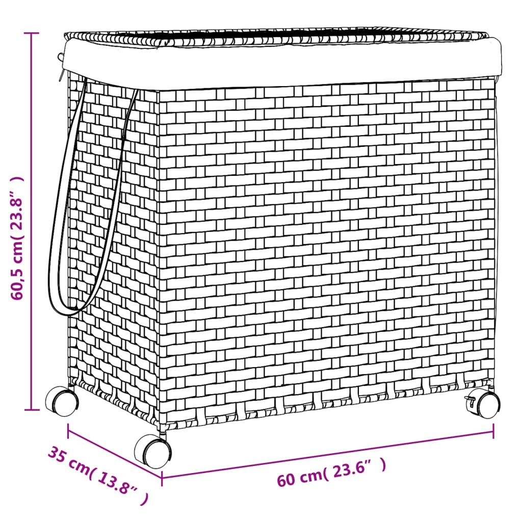 Sötétbarna rattan szennyeskosár kerekekkel 60x35x60,5 cm