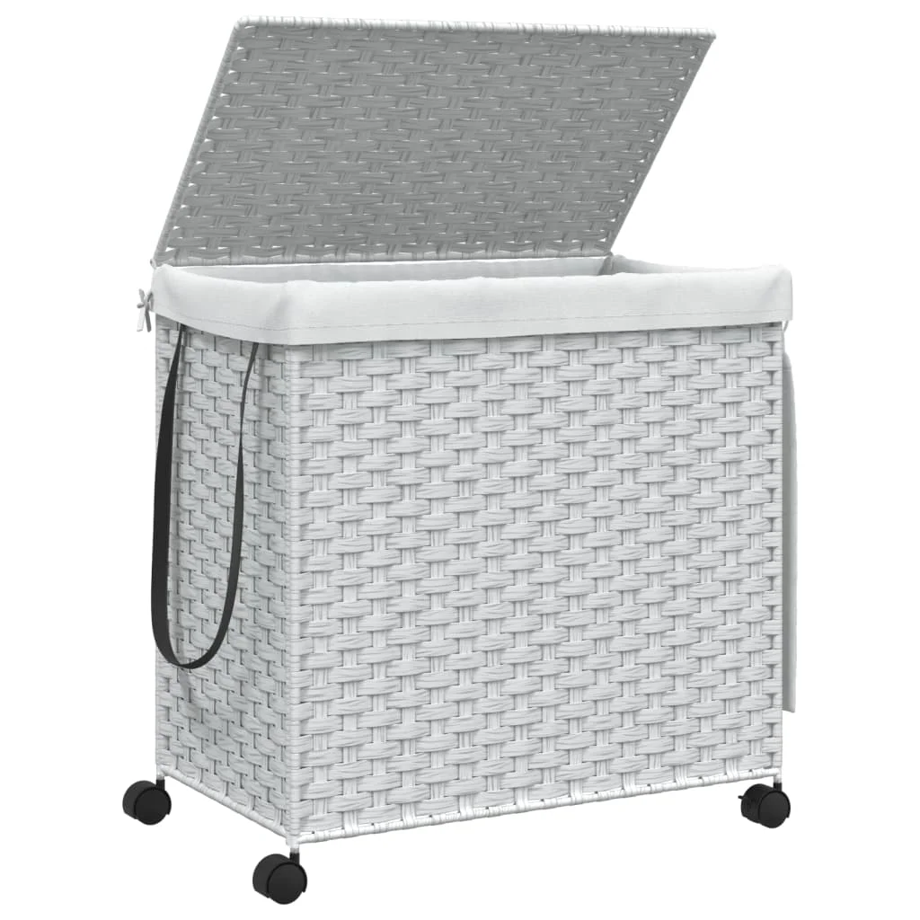 Fehér rattan szennyeskosár kerekekkel 60x35x60,5 cm