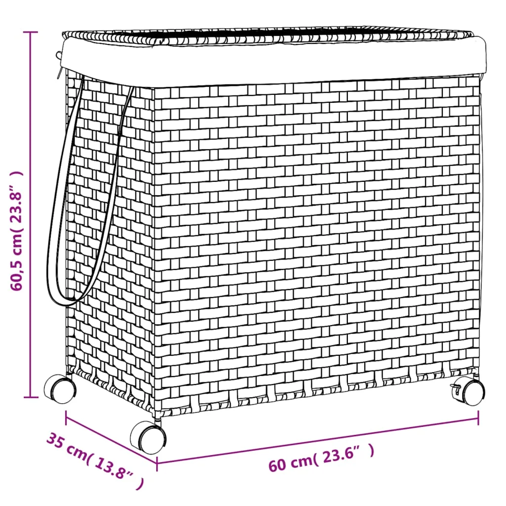 Fehér rattan szennyeskosár kerekekkel 60x35x60,5 cm