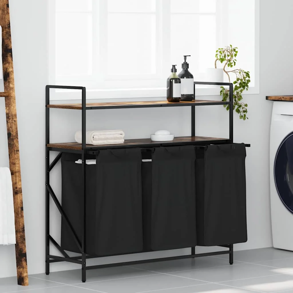 Füstölt tölgy mosodai kosár 3 rekeszes polcokkal