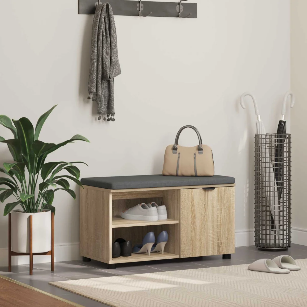 Előtér pad Sonoma tölgy 80 x 38 x 46 cm Műanyag Fa és Szövet