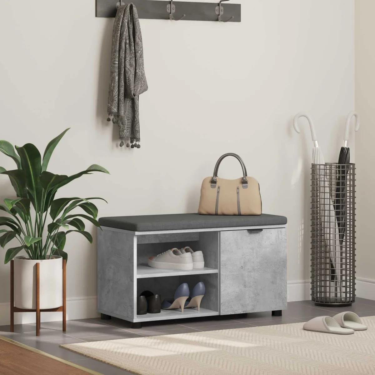 Előtér pad Beton Szürke 80 x 38 x 46 cm Műanyag Fa és Szövet