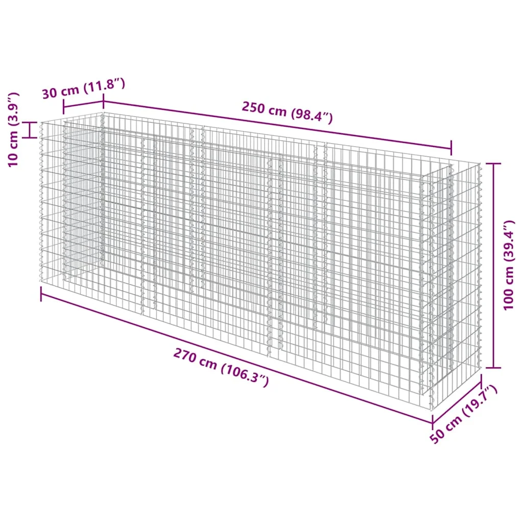 Horganyzott acél gabion magaságyás 270 x 50 x 100 cm