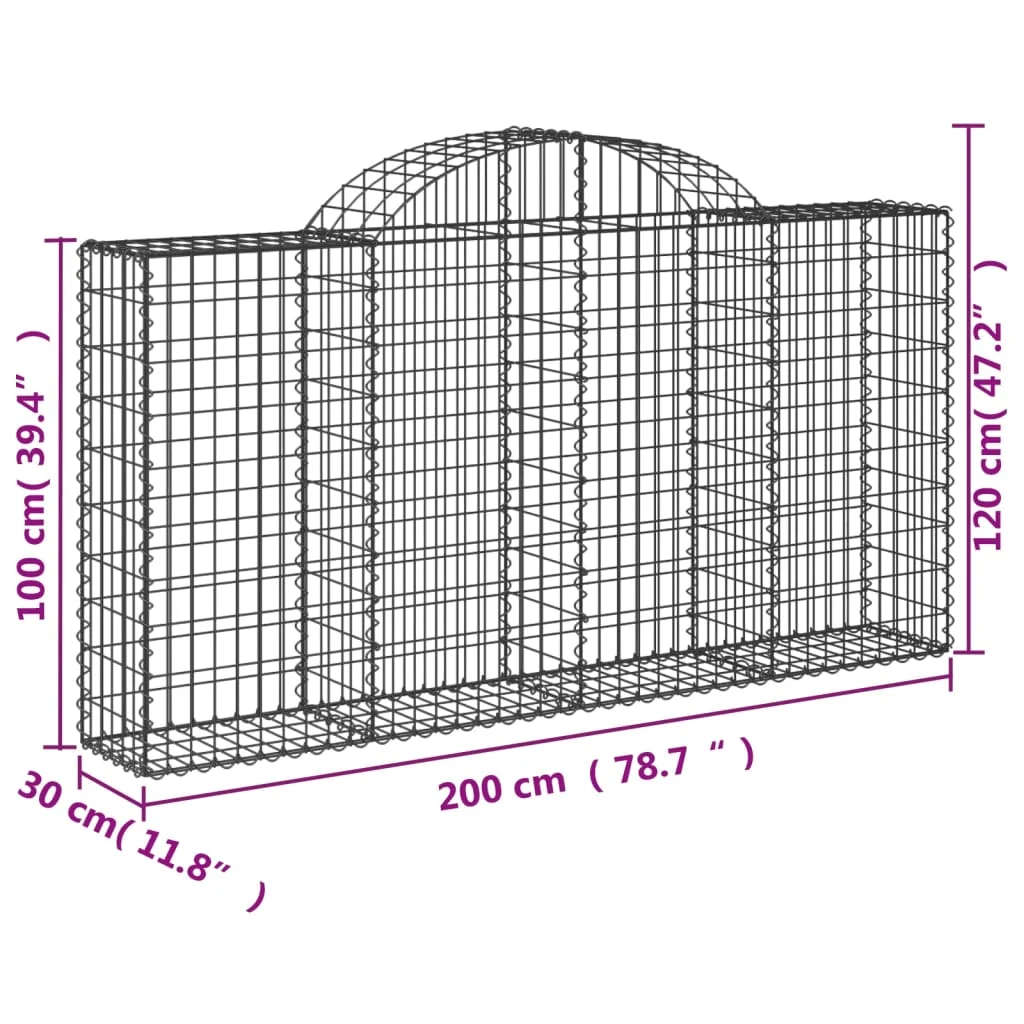 6 db íves horganyzott vas gabion kosár 200x30x100/120 cm