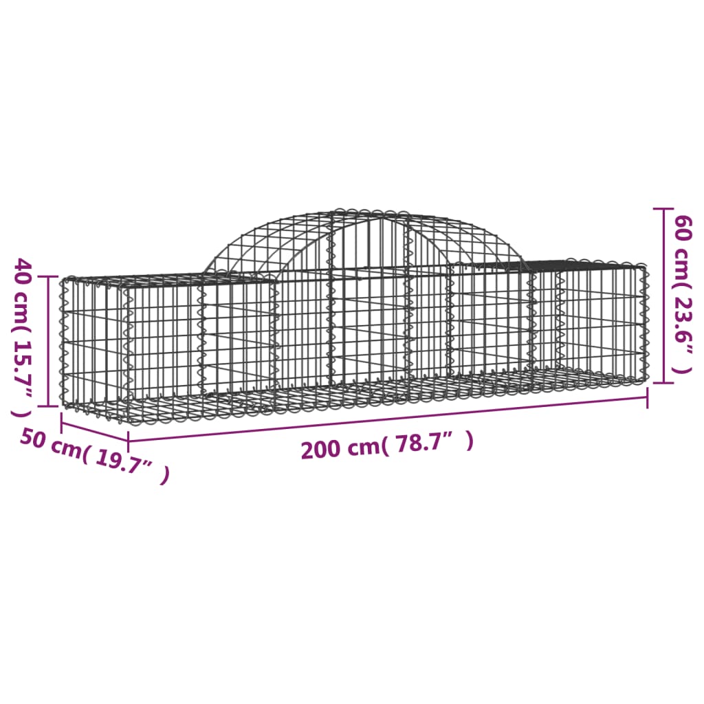 6 db íves horganyzott vas gabion kosár 200x50x40/60 cm