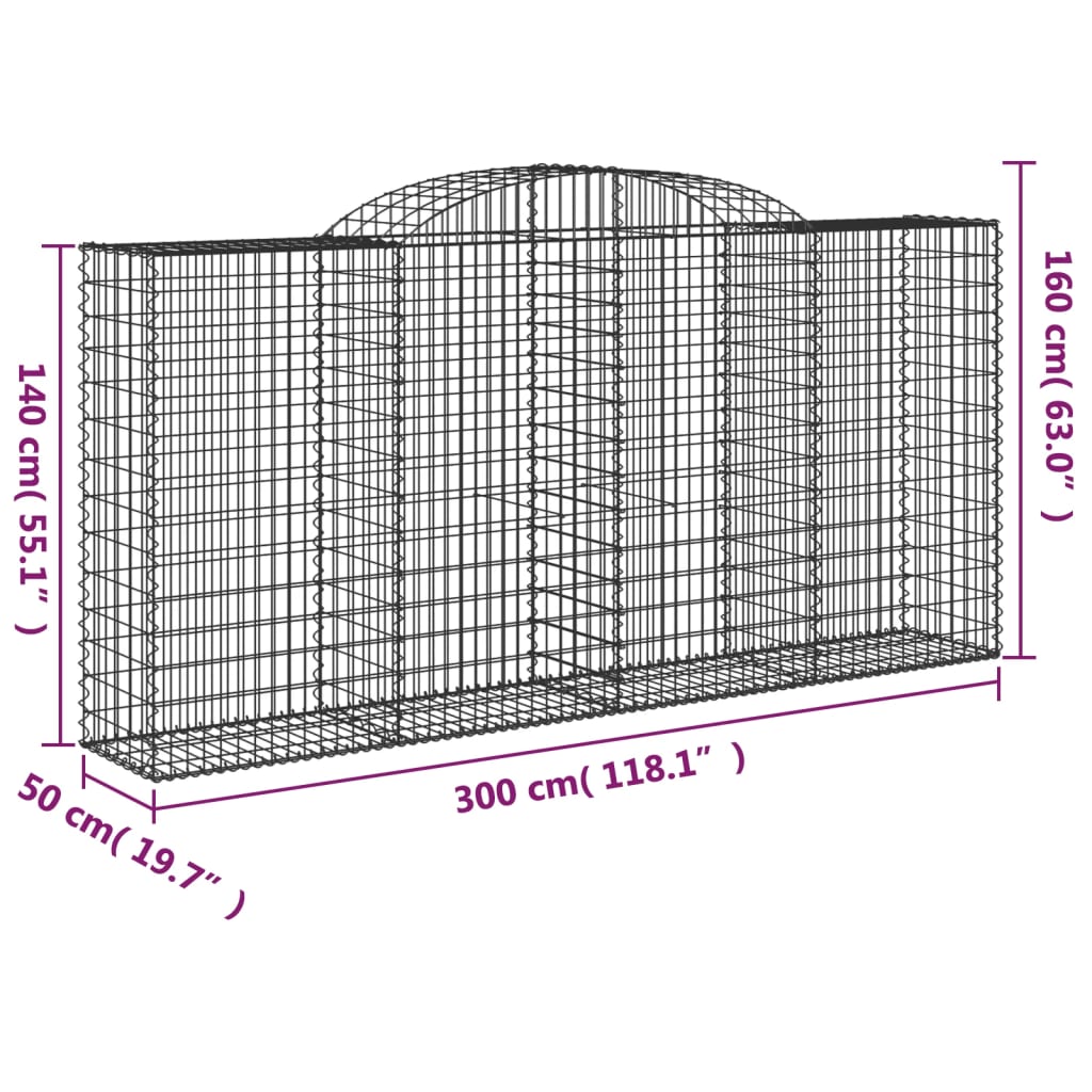 6 db íves horganyzott vas gabion kosár 300x50x140/160 cm