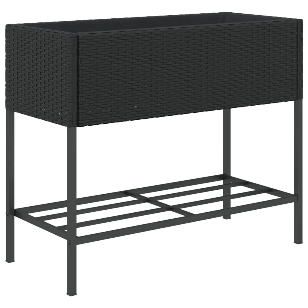 2 db fekete polyrattan kerti ültetőláda polccal 90 x 40 x 75 cm