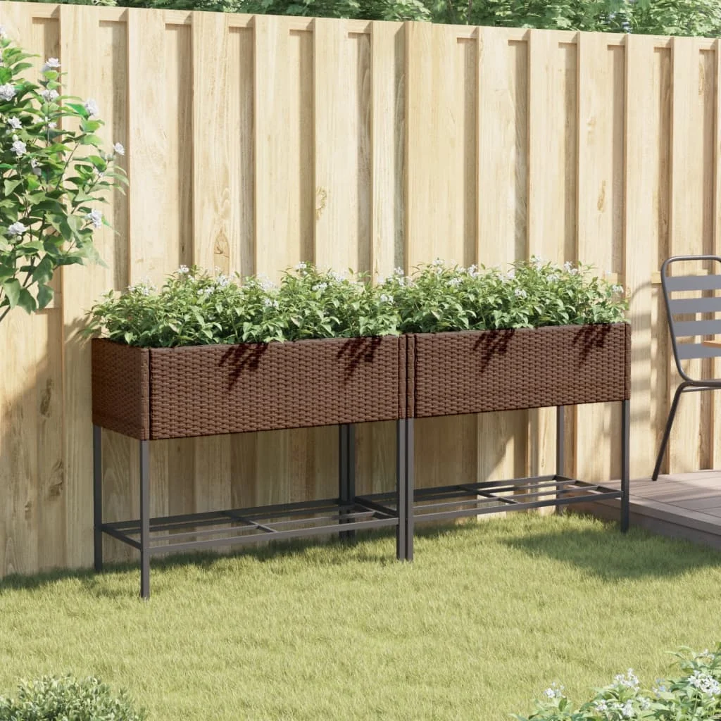 2 db barna polyrattan kerti ültetőláda polccal 90 x 40 x 75 cm