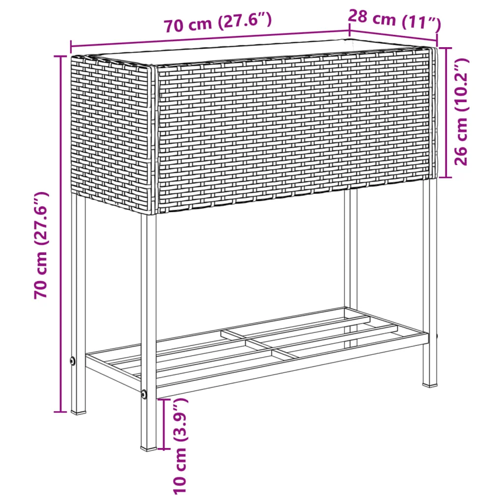 2 db szürke polyrattan kerti ültetőláda polccal 70 x 28 x 70 cm