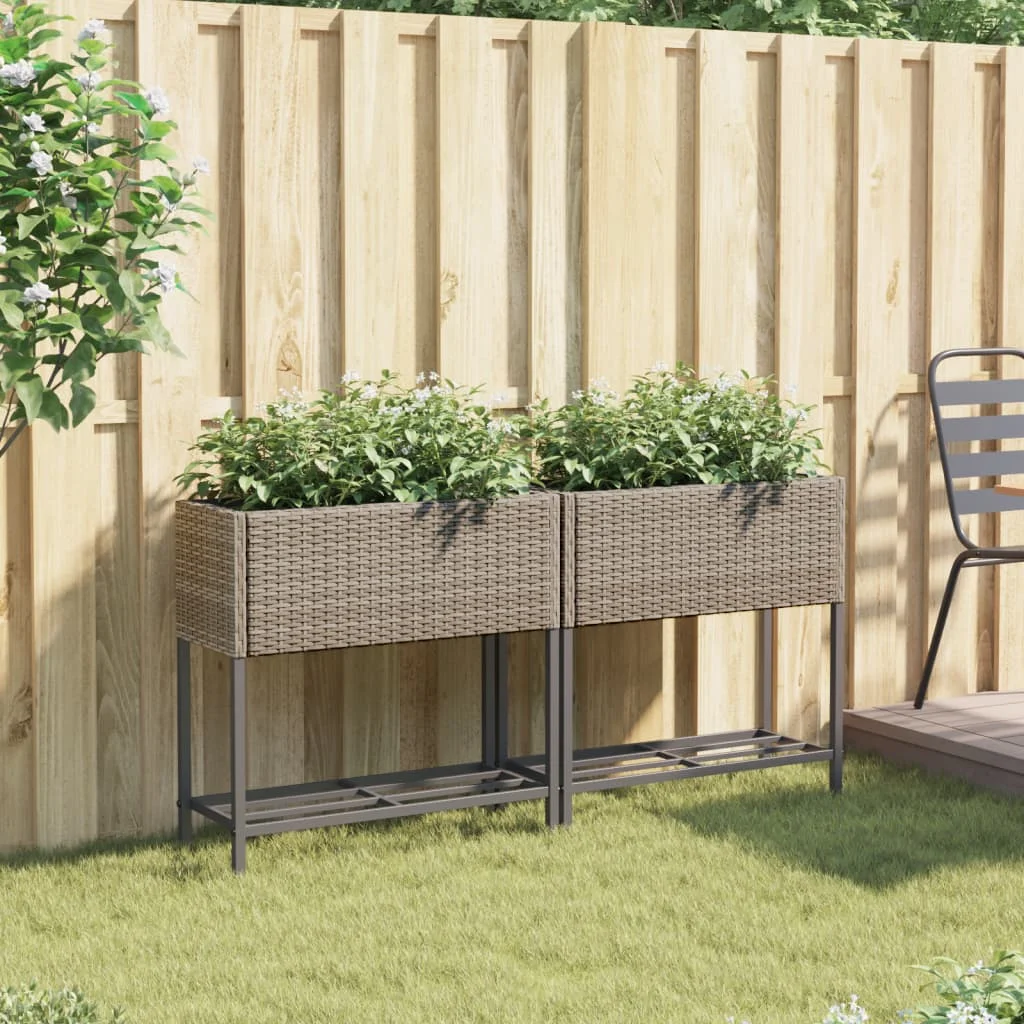 2 db szürke polyrattan kerti ültetőláda polccal 70 x 28 x 70 cm