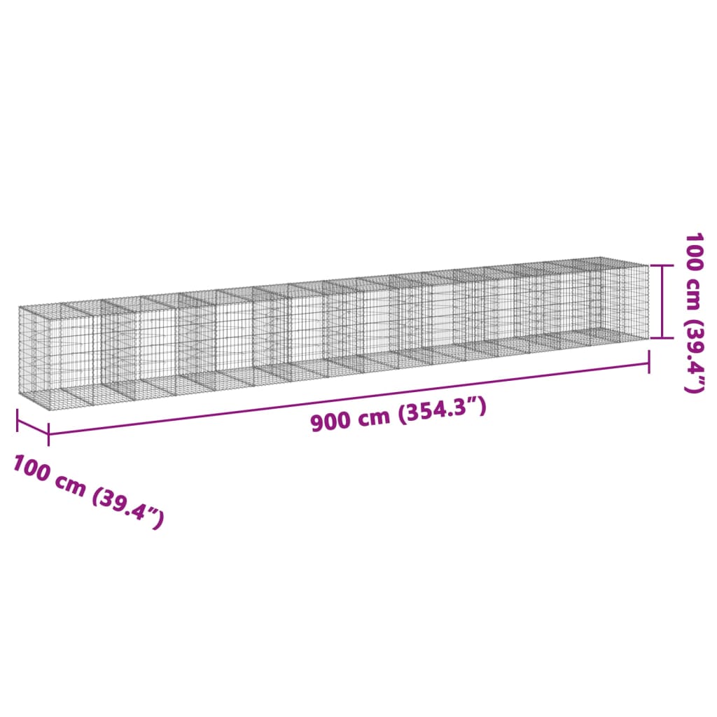 Horganyzott vas gabion kosár fedéllel 900 x 100 x 100 cm