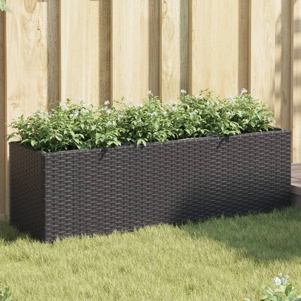 Fekete polyrattan kerti ültetőláda 3 cseréppel 105x30x32 cm